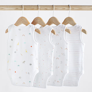 White Bright Animal 4 Pack Baby Vest Bodysuits (0mth-18mths)