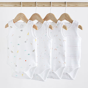 White Bright Animal 4 Pack Baby Vest Bodysuits (0mth-18mths)