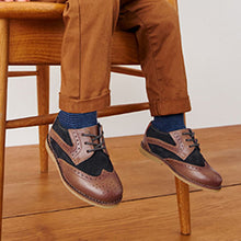 Load image into Gallery viewer, Tan Brown / Navy Blue Leather Brogue Shoes (Younger Boys)
