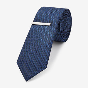 Navy Blue Textured Tie and Clip