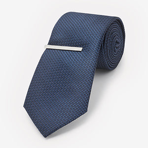 Navy Blue Recycled Polyester Textured Tie with Tie Clip