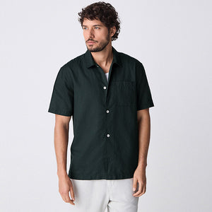 Black Standard Collar Cotton Linen Blend Short Sleeve Shirt