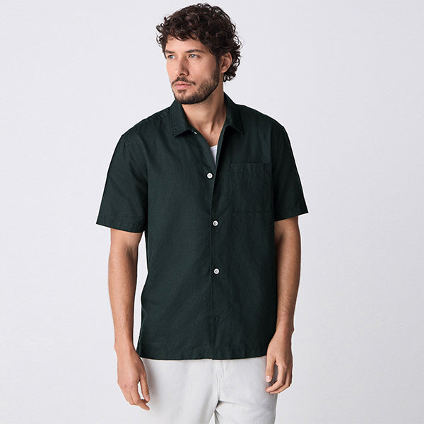 Black Standard Collar Cotton Linen Blend Short Sleeve Shirt
