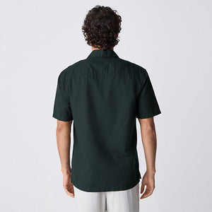 Black Standard Collar Cotton Linen Blend Short Sleeve Shirt