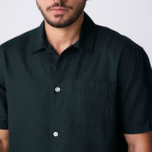 Black Standard Collar Cotton Linen Blend Short Sleeve Shirt
