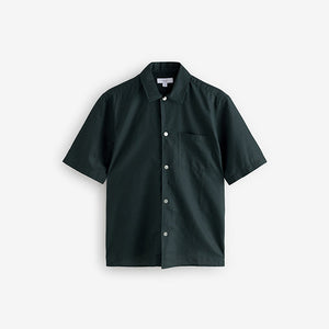 Black Standard Collar Cotton Linen Blend Short Sleeve Shirt