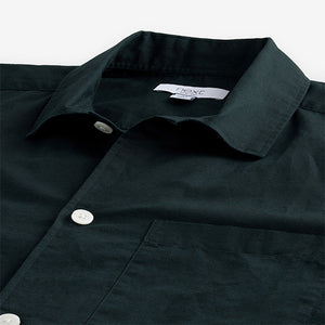 Black Standard Collar Cotton Linen Blend Short Sleeve Shirt