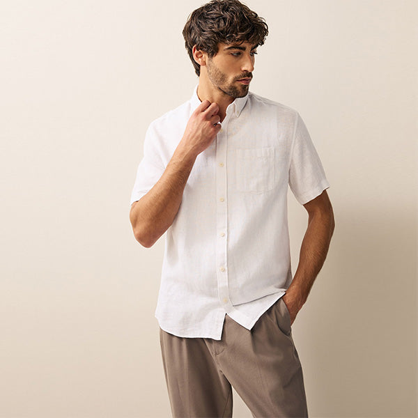 White Standard Collar Cotton Linen Blend Short Sleeve Shirt