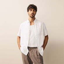 Load image into Gallery viewer, White Standard Collar Cotton Linen Blend Short Sleeve Shirt
