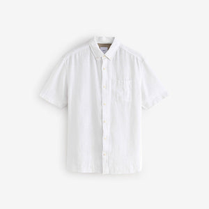 White Standard Collar Cotton Linen Blend Short Sleeve Shirt