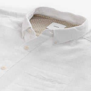 White Standard Collar Cotton Linen Blend Short Sleeve Shirt