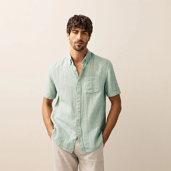 Green Standard Collar Cotton Linen Blend Short Sleeve Shirt