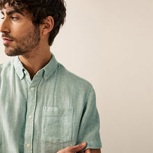 Load image into Gallery viewer, Green Standard Collar Cotton Linen Blend Short Sleeve Shirt
