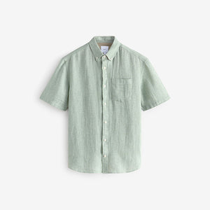 Green Standard Collar Cotton Linen Blend Short Sleeve Shirt