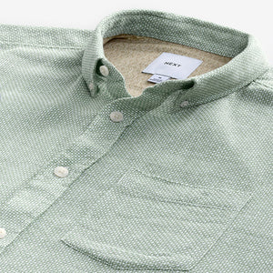 Green Standard Collar Cotton Linen Blend Short Sleeve Shirt