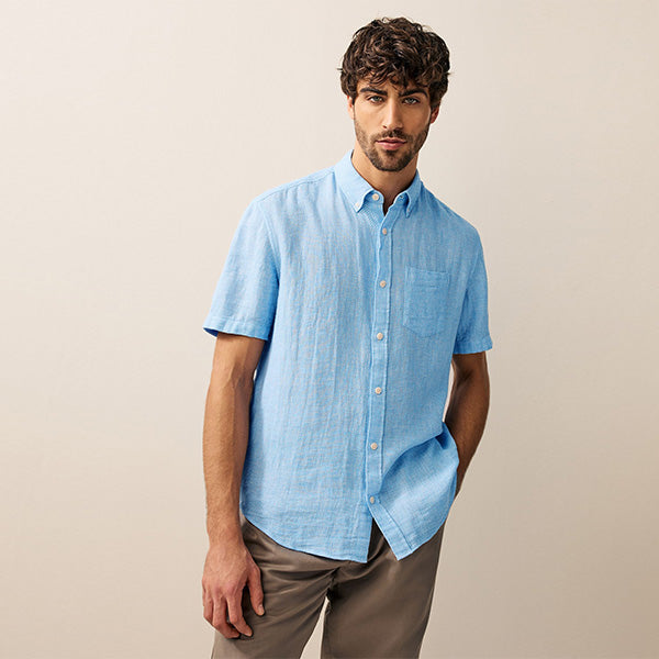 Blue Standard Collar Cotton Linen Blend Short Sleeve Shirt