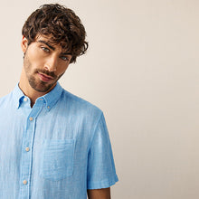 Load image into Gallery viewer, Blue Standard Collar Cotton Linen Blend Short Sleeve Shirt
