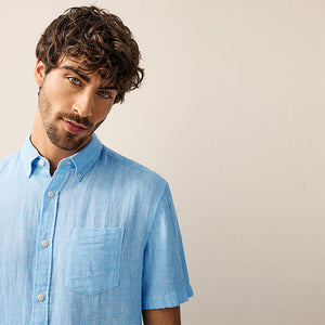 Blue Standard Collar Cotton Linen Blend Short Sleeve Shirt