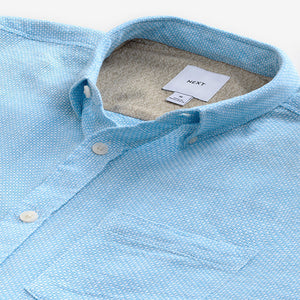 Blue Standard Collar Cotton Linen Blend Short Sleeve Shirt