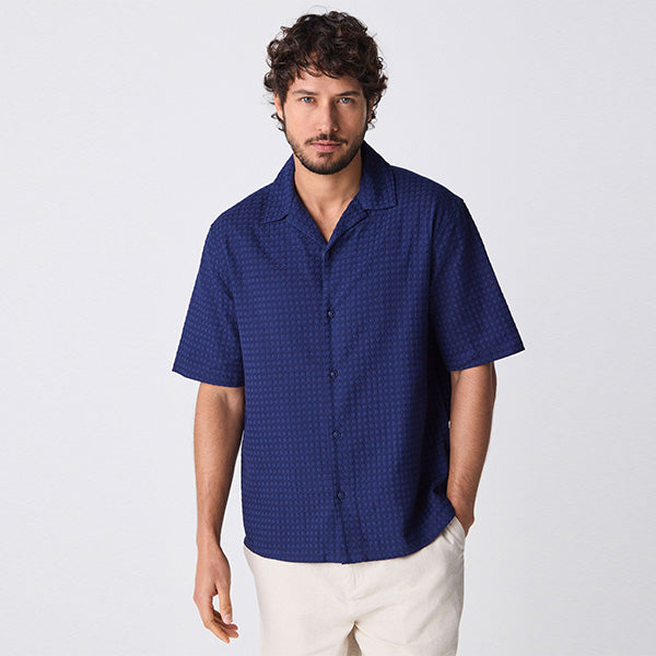 Navy Blue Short Sleeve Textured Waffle 100% Cotton Shirt