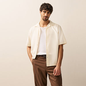 Ecru Short Sleeve Textured Waffle 100% Cotton Shirt