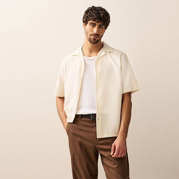 Ecru Short Sleeve Textured Waffle 100% Cotton Shirt