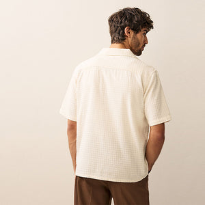 Ecru Short Sleeve Textured Waffle 100% Cotton Shirt