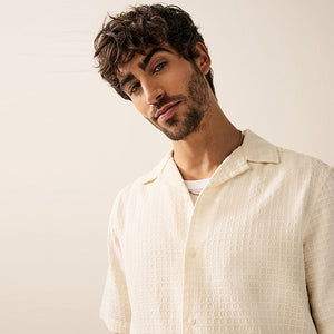 Ecru Short Sleeve Textured Waffle 100% Cotton Shirt