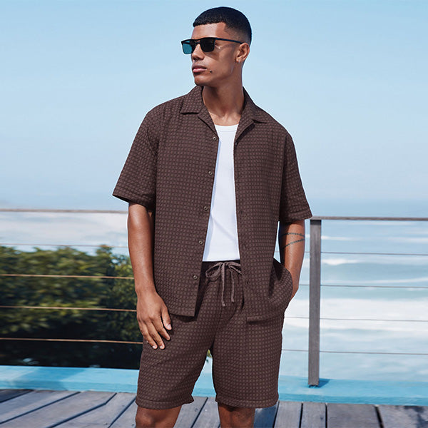 Brown Short Sleeve Textured Waffle 100% Cotton Shirt