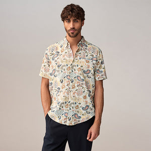 White Short Sleeve Textured Floral Printed 100% Cotton Shirt