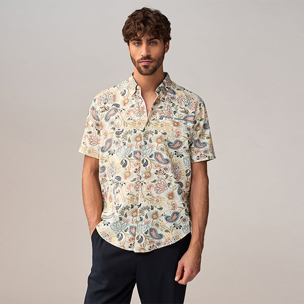 White Short Sleeve Textured Floral Printed 100% Cotton Shirt