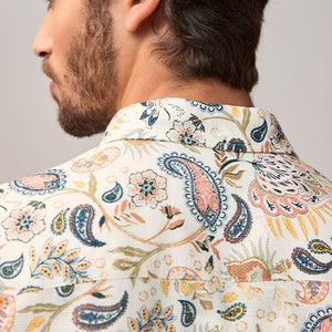 White Short Sleeve Textured Floral Printed 100% Cotton Shirt