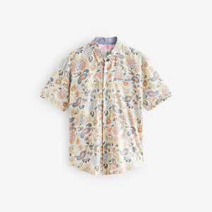 White Short Sleeve Textured Floral Printed 100% Cotton Shirt