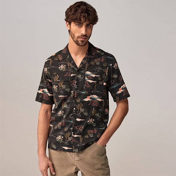 Black Western Style Printed Short Sleeve Shirt With Cuban Collar