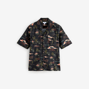 Black Western Style Printed Short Sleeve Shirt With Cuban Collar