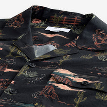 Load image into Gallery viewer, Black Western Style Printed Short Sleeve Shirt With Cuban Collar
