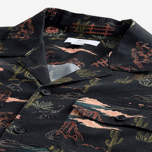 Black Western Style Printed Short Sleeve Shirt With Cuban Collar