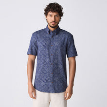 Load image into Gallery viewer, Navy Blue Printed Tile Short Sleeve 100% Cotton Shirt
