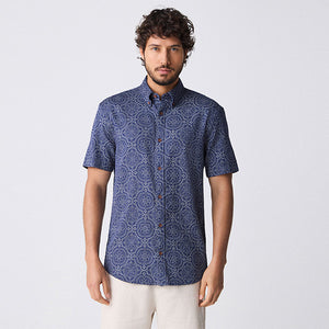 Navy Blue Printed Tile Short Sleeve 100% Cotton Shirt
