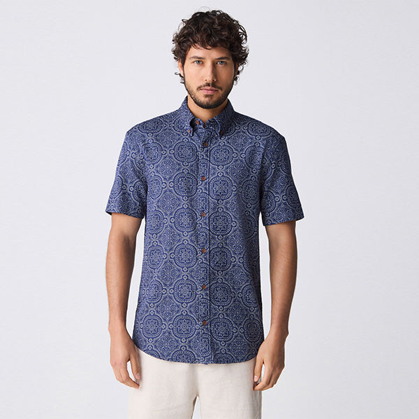 Navy Blue Printed Tile Short Sleeve 100% Cotton Shirt