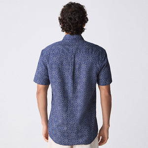 Navy Blue Printed Tile Short Sleeve 100% Cotton Shirt