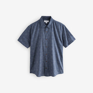 Navy Blue Printed Tile Short Sleeve 100% Cotton Shirt
