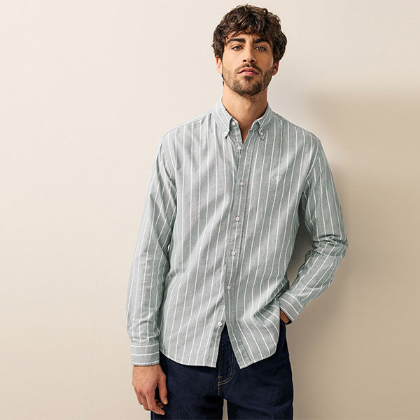 Green 100% Cotton Stripe Long Sleeve Oxford Shirt