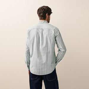 Green 100% Cotton Stripe Long Sleeve Oxford Shirt