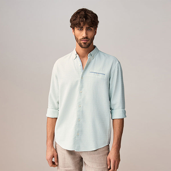 Green Textured Long Sleeve 100% Cotton Shirt