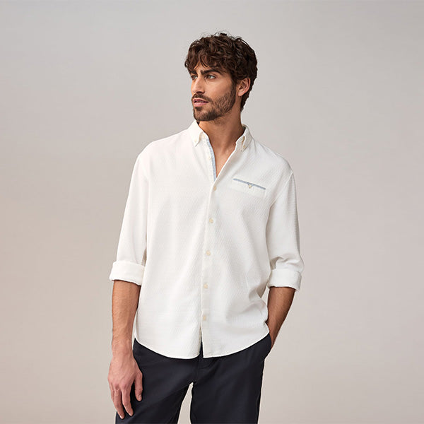 White Textured Long Sleeve 100% Cotton Shirt
