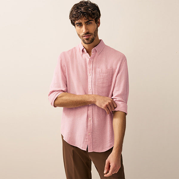 Pink Standard Collar Cotton Linen Blend Long Sleeve Shirt