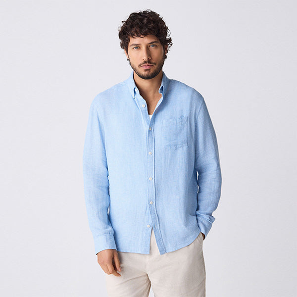 Light Blue Standard Collar Cotton Linen Blend Long Sleeve Shirt