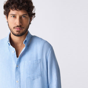Light Blue Standard Collar Cotton Linen Blend Long Sleeve Shirt