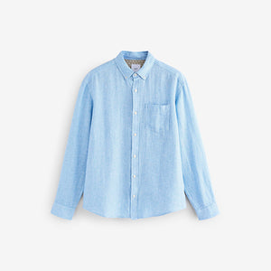 Light Blue Standard Collar Cotton Linen Blend Long Sleeve Shirt